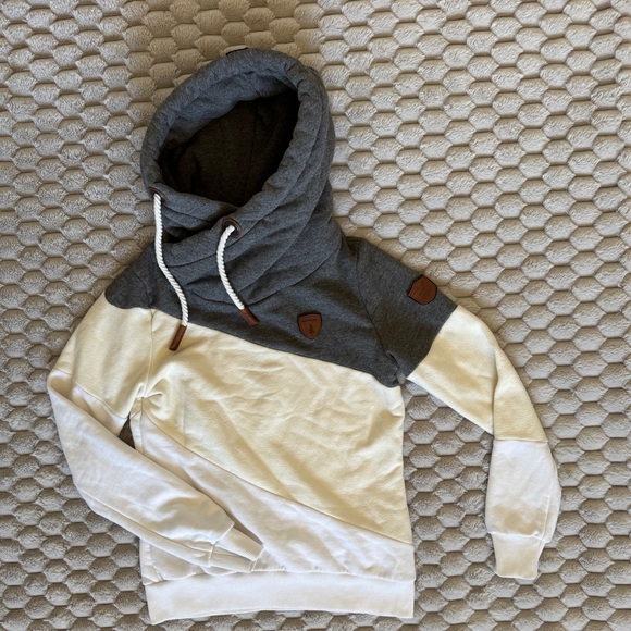Wanakome Tops - Wanakome Gray and Cream Hoodie with Leather Detail